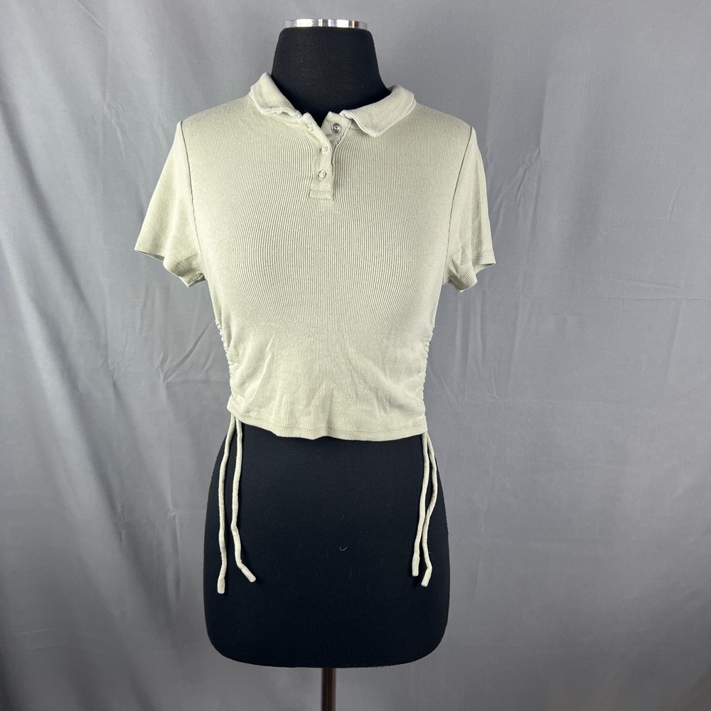 Pacsun Pac Cares Callie Cinched Cropped Polo Shirt Kids Small Sage Green Ribbed